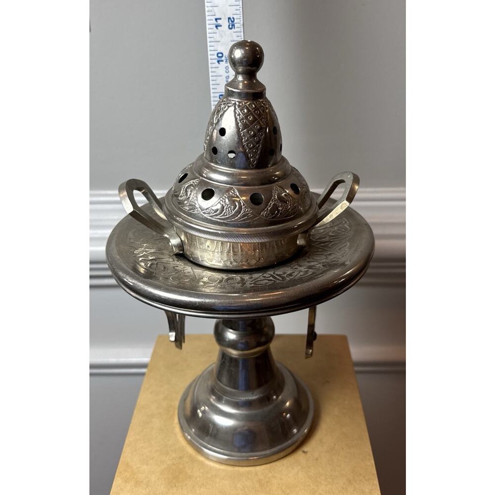 Vintage Moroccan Style Metal Incense Burner Stand 11” Pierced Lid - Picture 11 of 11